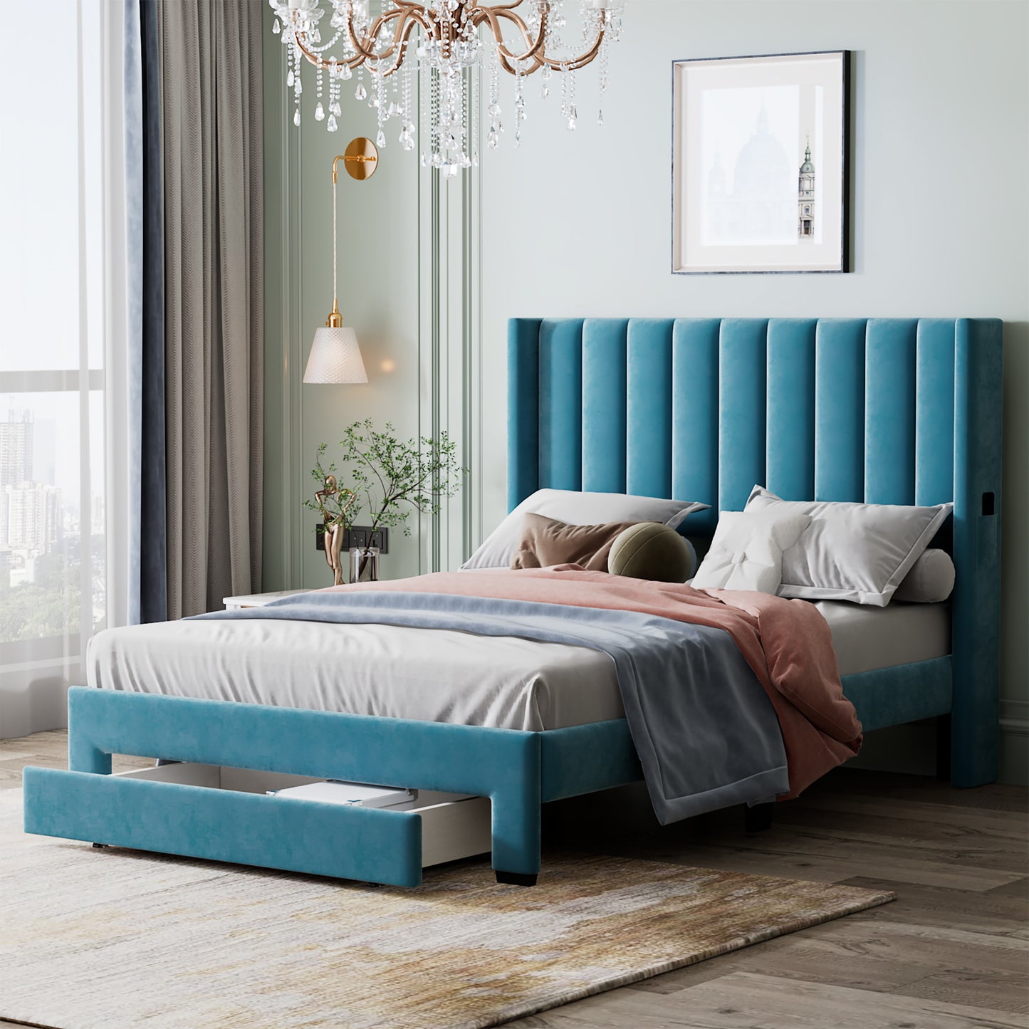danny velvet upholstered platform bed with a big drawer - blue