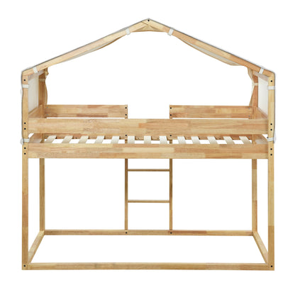 Twin Over Twin Bunk Bed Wood Bed with Tent