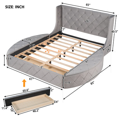 Upholstered Velvet Platform Bed with Wingback Headboard and 1 Big Drawer; 2 Side Storage Stool