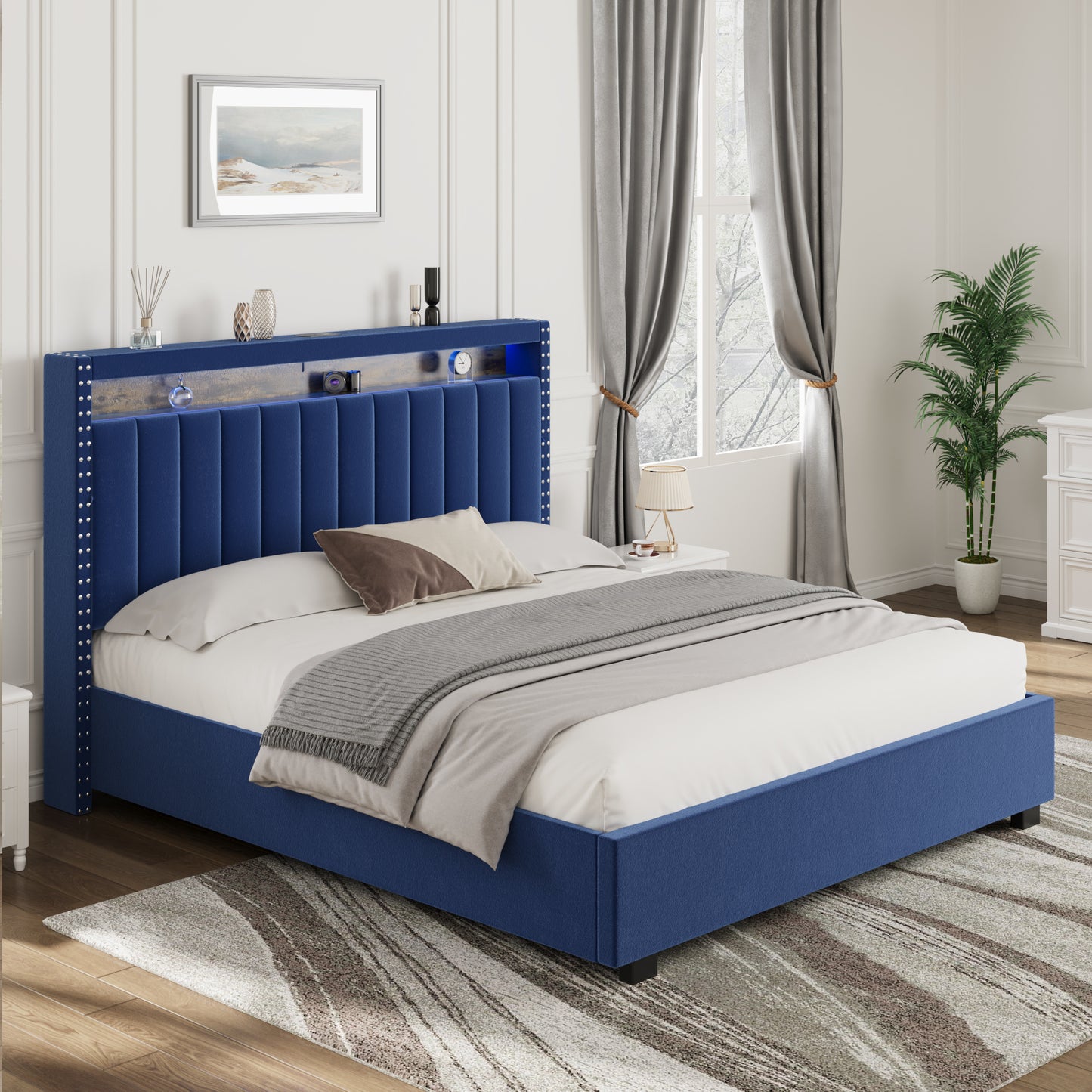 luxury gas lift storage bed with rf led lights & storage headboard , blue