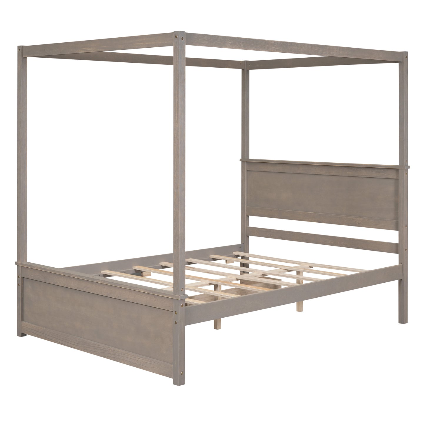 wood canopy bed with two drawers, light brown