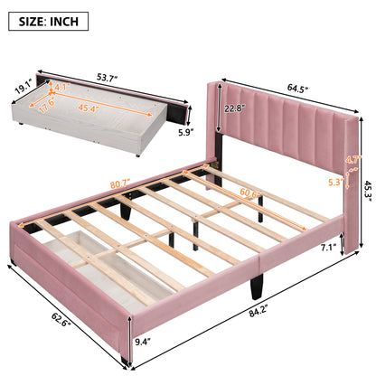 Velvet Upholstered Platform Bed with a Big Drawer - Pink
