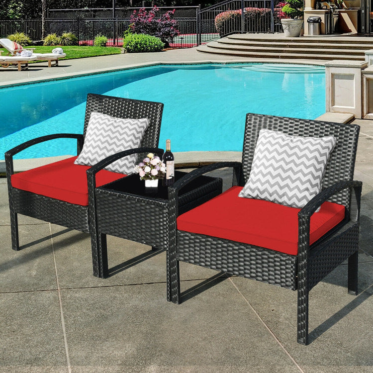 3 pieces outdoor rattan patio conversation set with seat cushions
