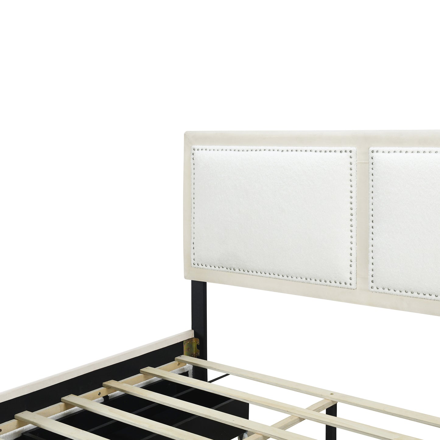 teddy upholstered platform bed with large rivet-decorated backrests and 4 drawers, velvet beige+white