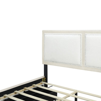 Teddy Upholstered Platform Bed with Large Rivet-decorated Backrests and 4 Drawers, Velvet Beige+White