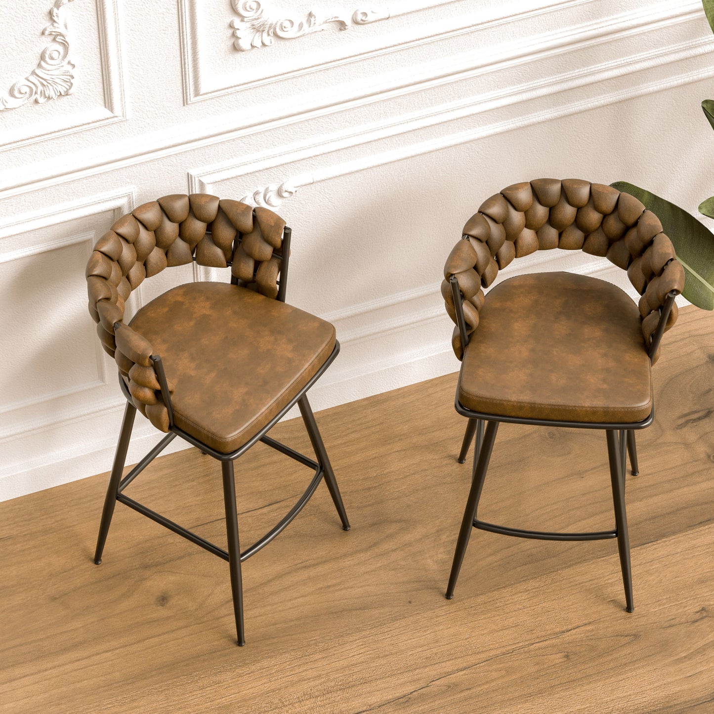 technical leather woven bar stool set of 4, brown