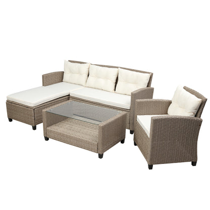 4 Piece Wicker Ratten Sectional Sofa Set with Seat Cushions, Beige Brown