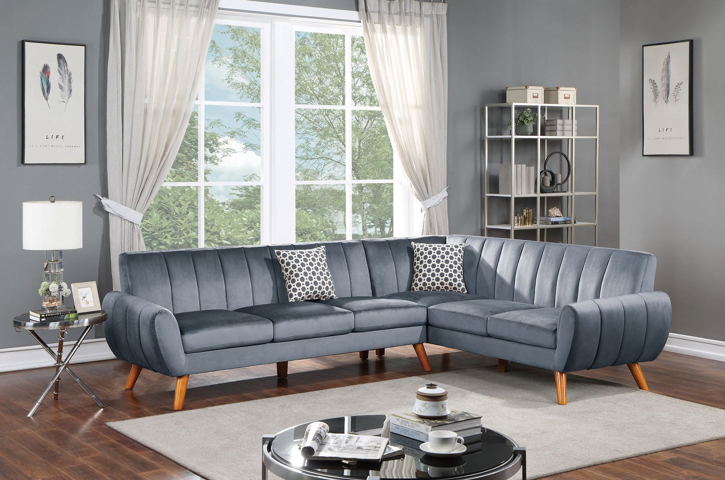 contemporary 2-pcs sectional set living room furniture dark gray velvet couch left facing sofa, right facing loveseat wedge plush cushion