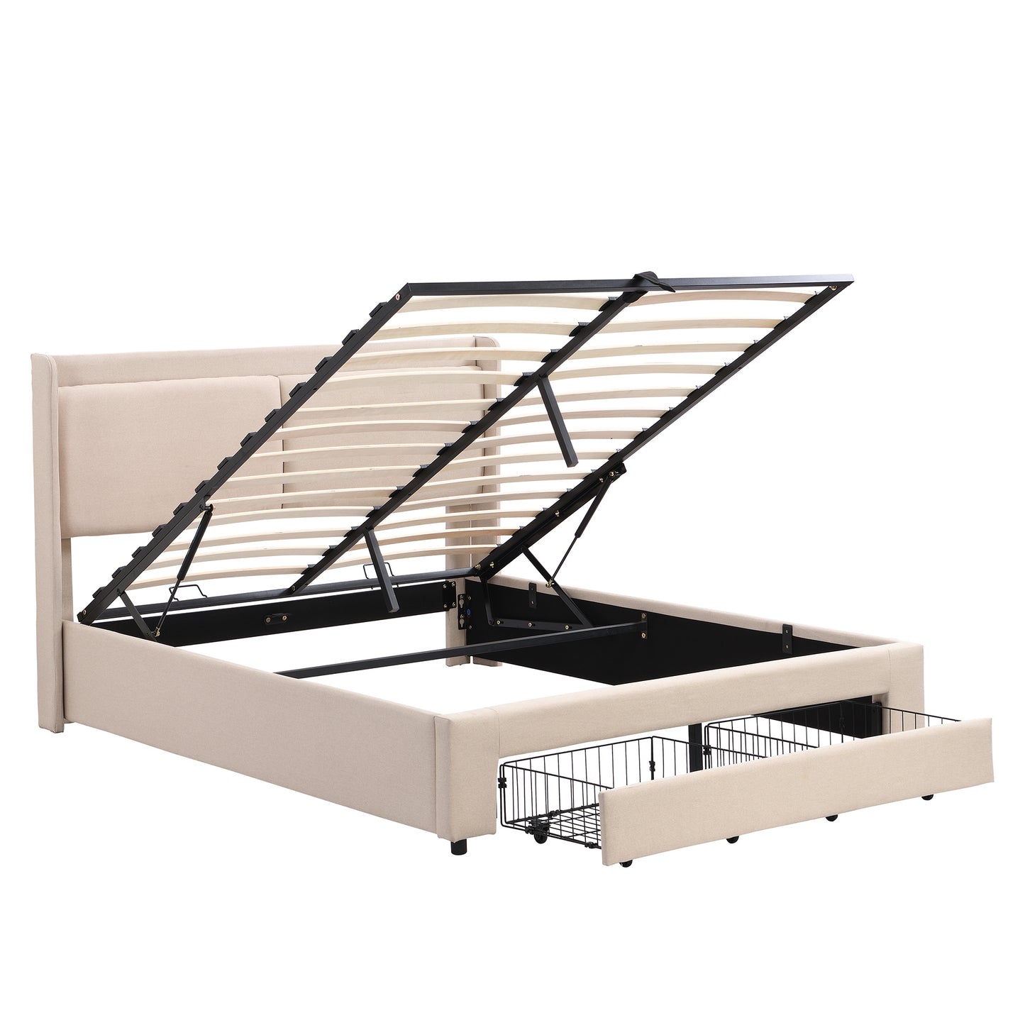 queen size storage upholstered hydraulic platform bed with 2 drawers, beige