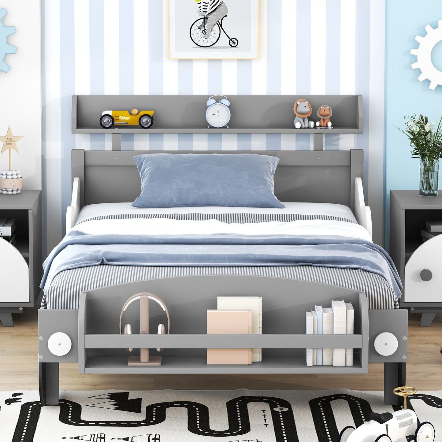 twin size car-shaped platform bed, gray