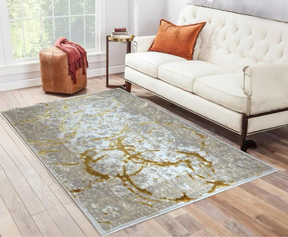 Penina Luxury Area Rug in Beige and Gray with Gold Circles Abstract Design