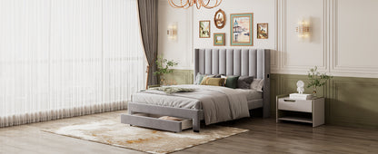 Velvet Upholstered Platform Bed with a Big Drawer