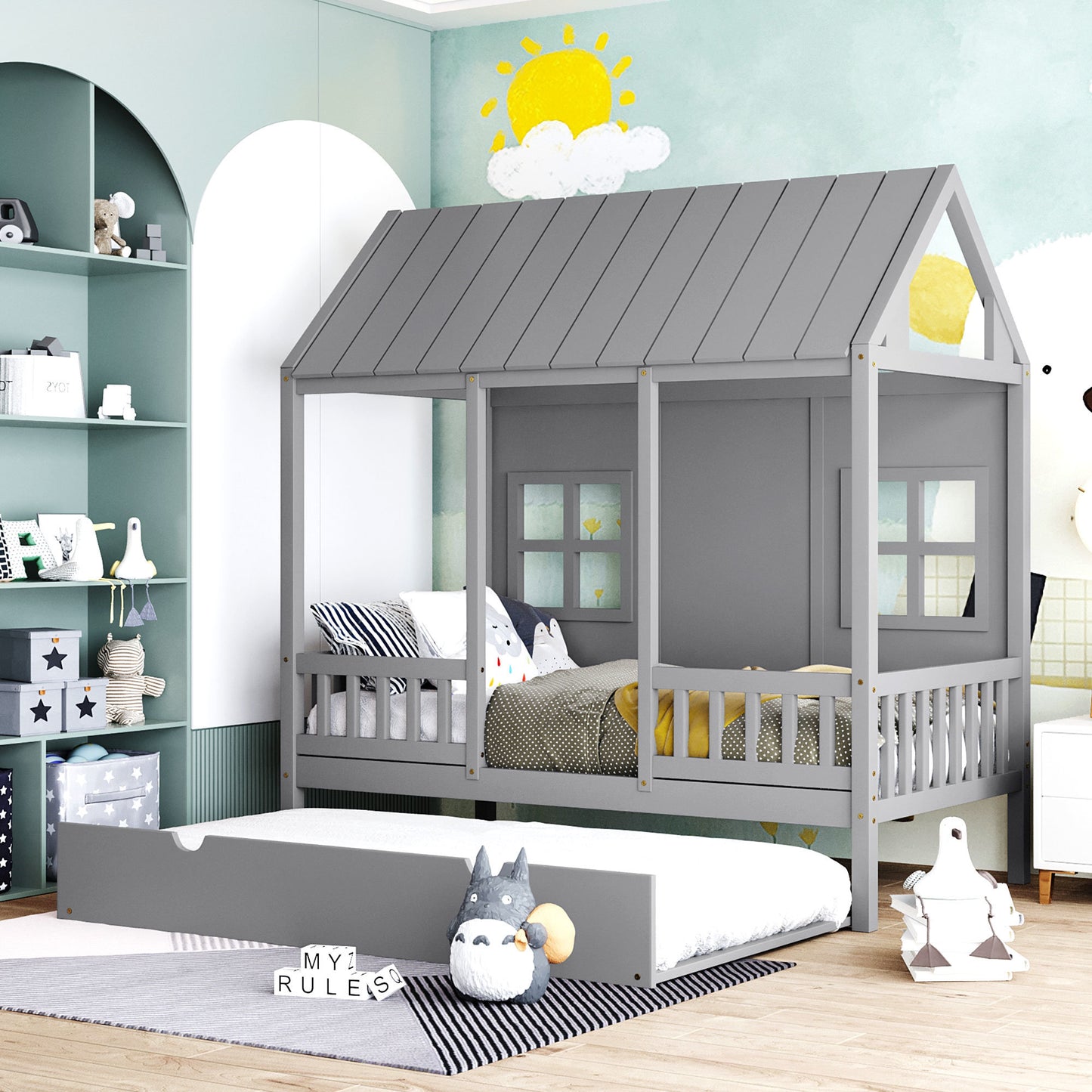 wood house bed with twin size trundle, gray