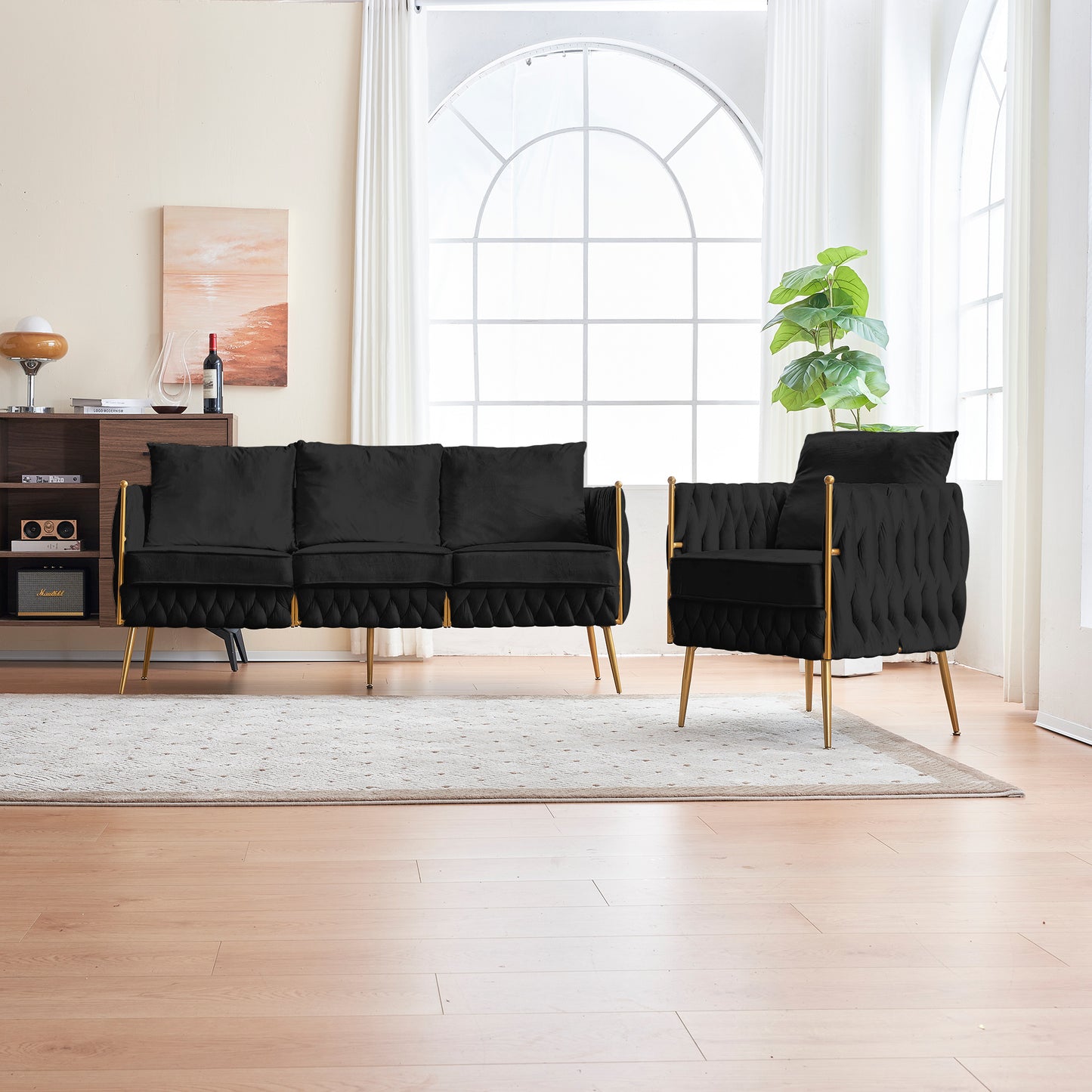 fiona fluffy tufted upholstered sofa set, black velvet