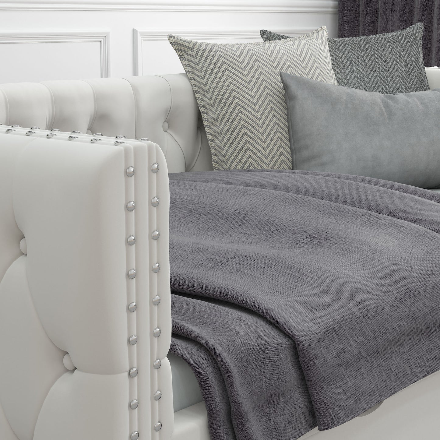 velvet upholstered tufted bed with drawers, white