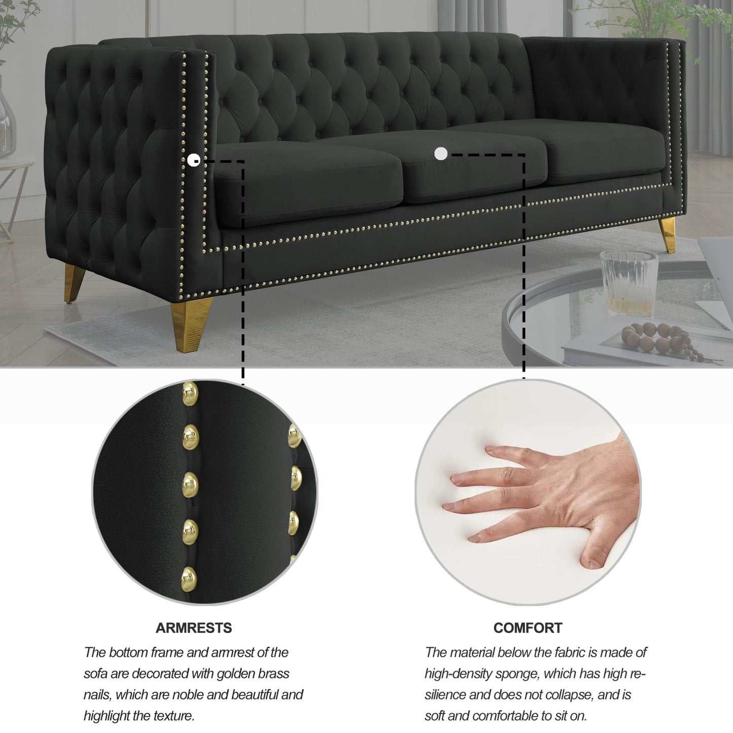 kate velvet upholstered sofa, black velvet