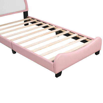 Cute Upholstered Bed With Unicorn Shape Headboard, White+Pink