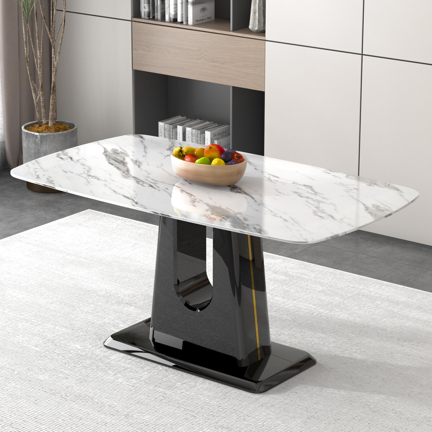 a modern, minimalist, and luxurious dining table with a white imitation marble tabletop and mdf legs with u-shaped brackets. tables in restaurants and living rooms 63"*35.4"*30 f-u