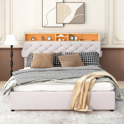 Upholstered Platform Bed with Storage Headboard, LED, USB Charging and 2 Drawers