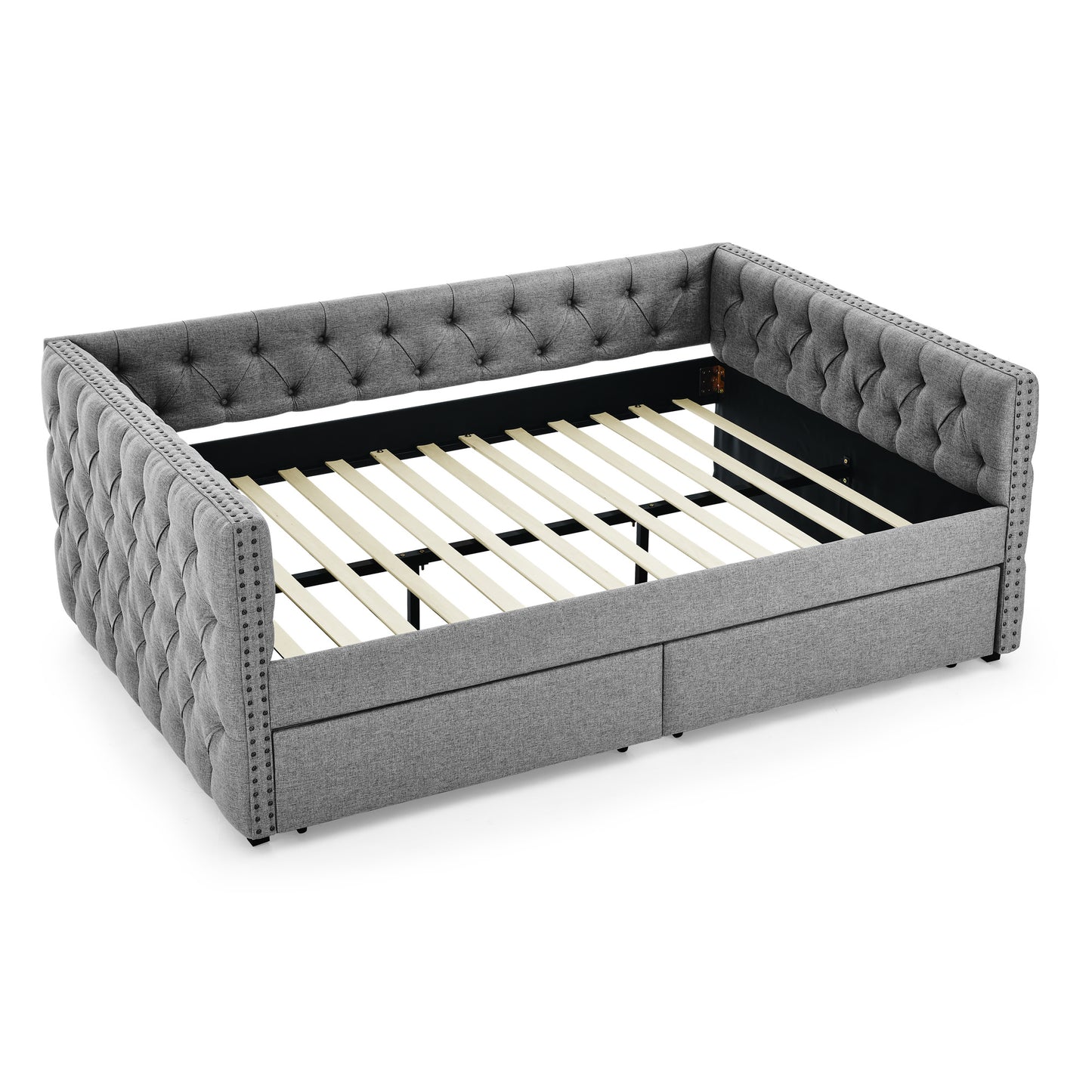 upholstered full size bed with two drawers, grey