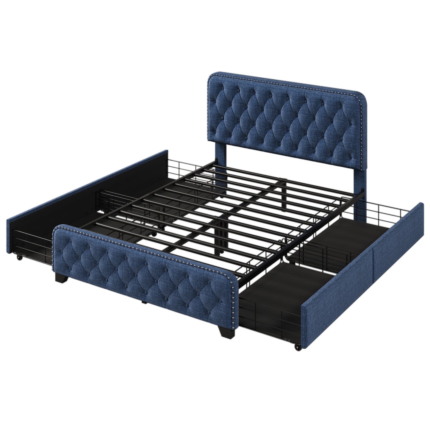 upholstered platform bed frame with four drawers, blue