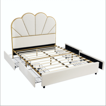 Upholstered Smart Platform Bed with 4-Drawers Strong Wood Slats, White