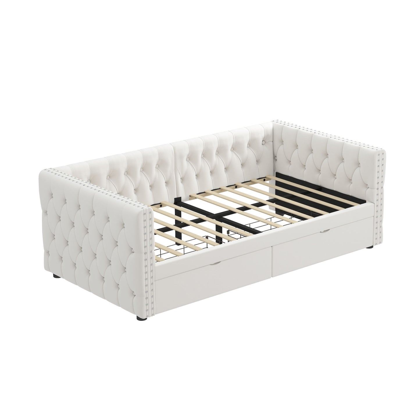 velvet upholstered tufted bed with drawers, white