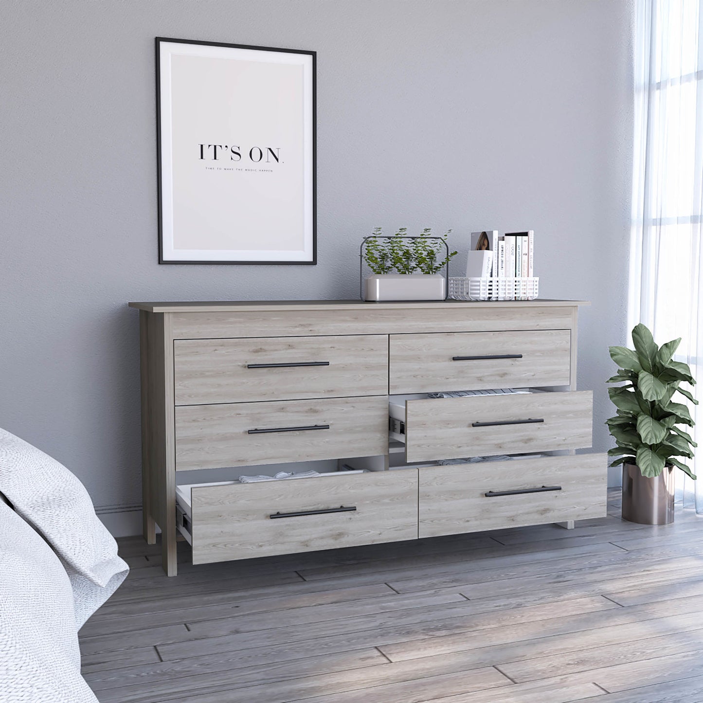6 drawer double dresser wezz, bedroom, light gray