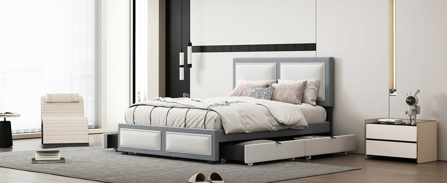 teddy upholstered platform bed with large rivet-decorated backrests and 4 drawers, velvet gray+white