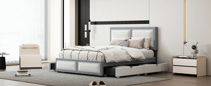 Teddy Upholstered Platform Bed with Large Rivet-decorated Backrests and 4 Drawers, Velvet Gray+White
