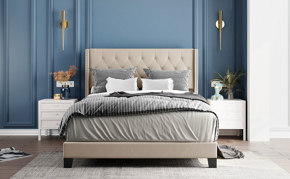 upholstered platform bed with classic headboard