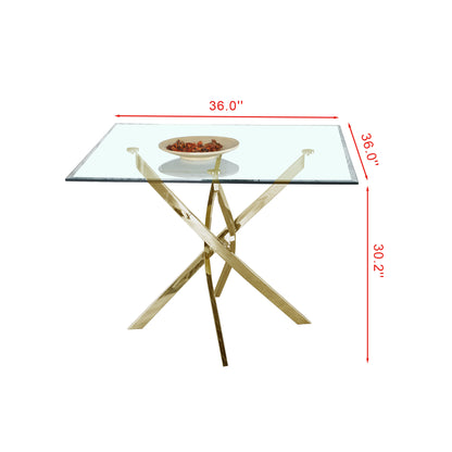 Square Clear Dining Tempered Glass Table with Gold Finish Stainless Steel Legs
