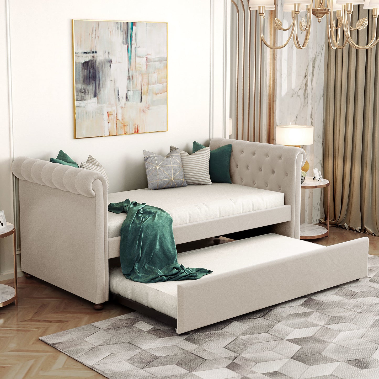 twin size upholstered bed with trundle, beige