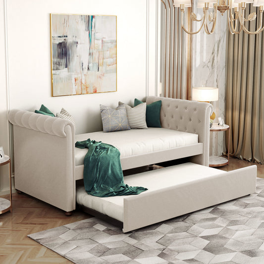 Twin Size Upholstered Bed with Trundle, Beige