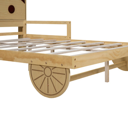 Car Bed with Bear-Shaped Headboard, USB and LED, Natural