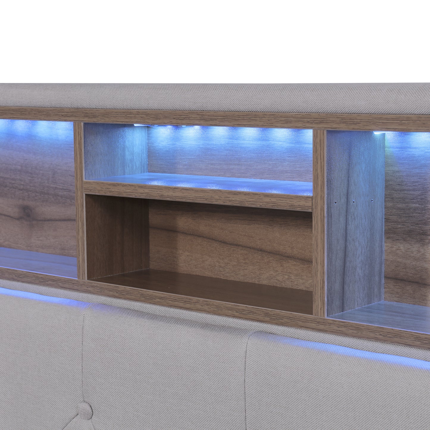 upholstered platform bed with storage headboard, led, usb charging and 2 drawers