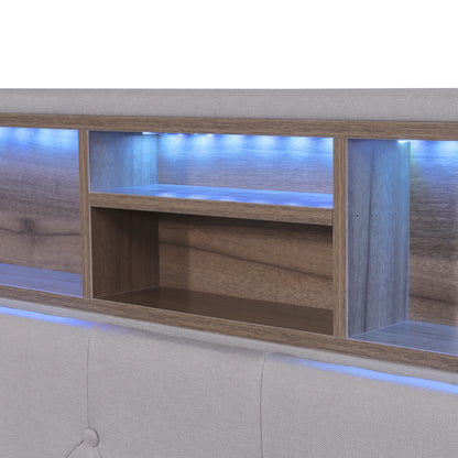 Upholstered Platform Bed with Storage Headboard, LED, USB Charging and 2 Drawers