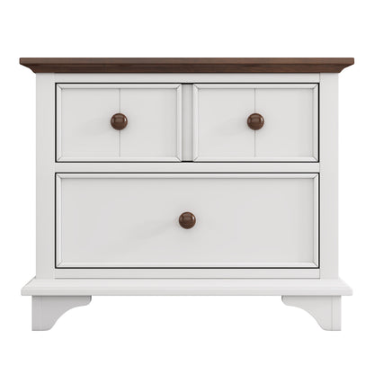 Wooden Captain Bed with Trundle and Nightstand, White+Walnut