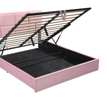 Upholstered Platform Bed with Hydraulic Storage System, Pink