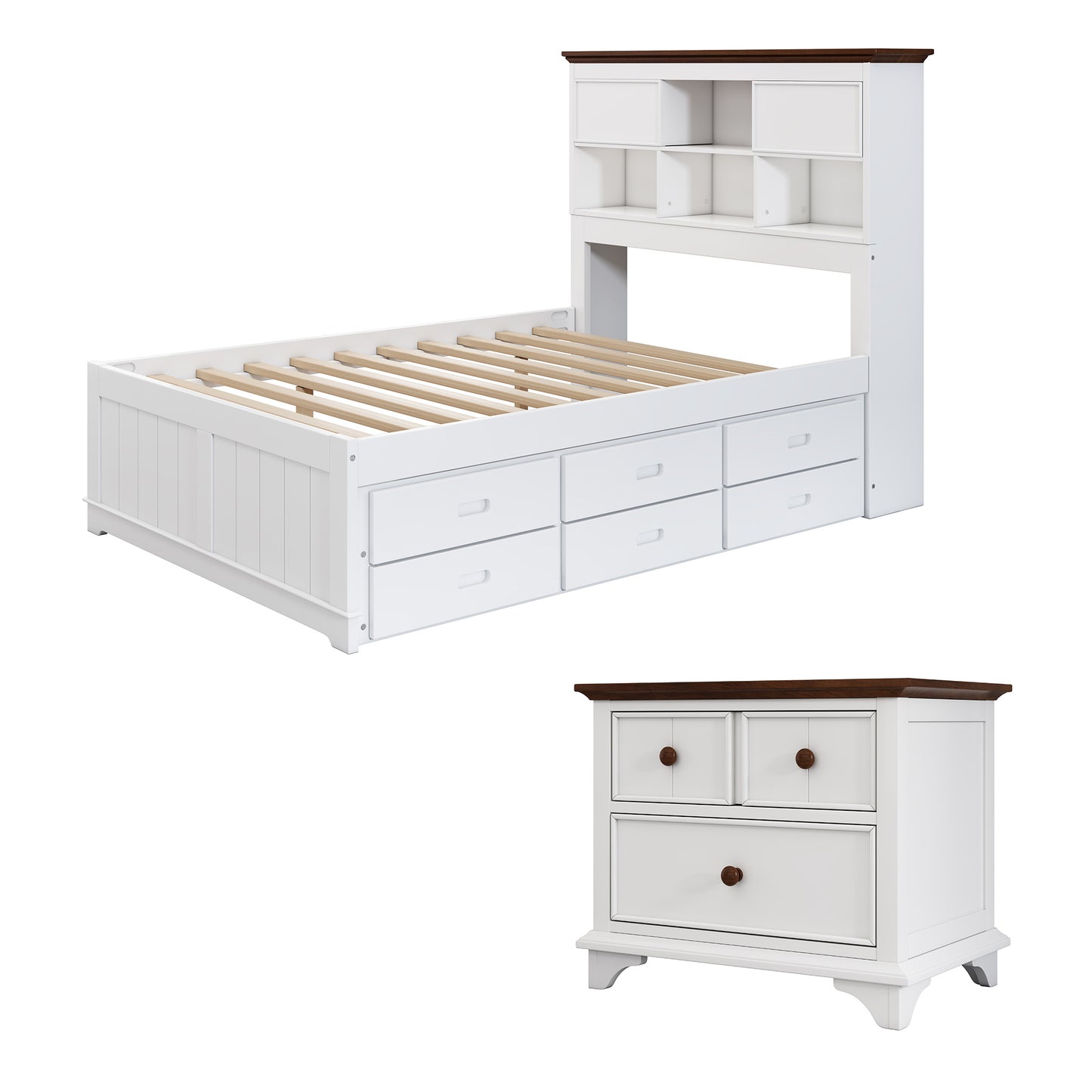 wooden captain bed with trundle and nightstand, white+walnut
