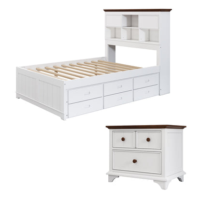 Wooden Captain Bed with Trundle and Nightstand, White+Walnut