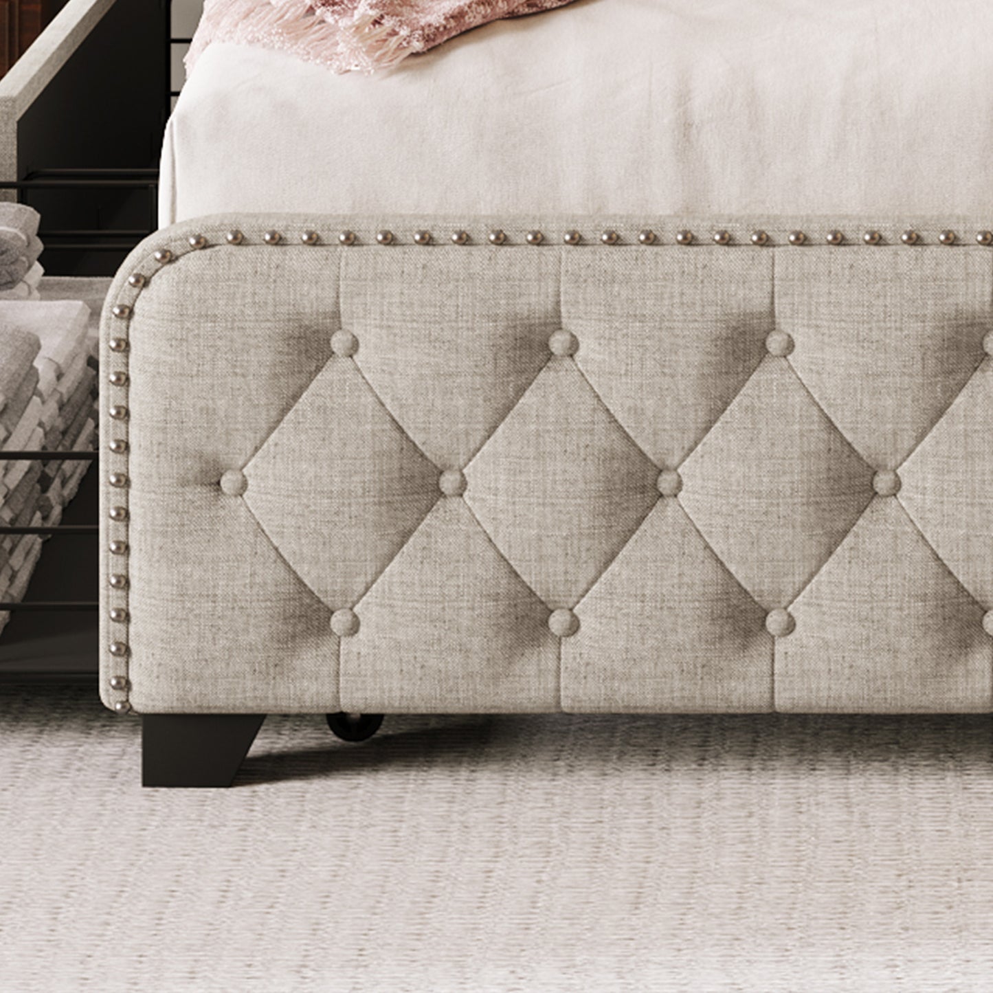 upholstered platform bed frame with four drawers, beige