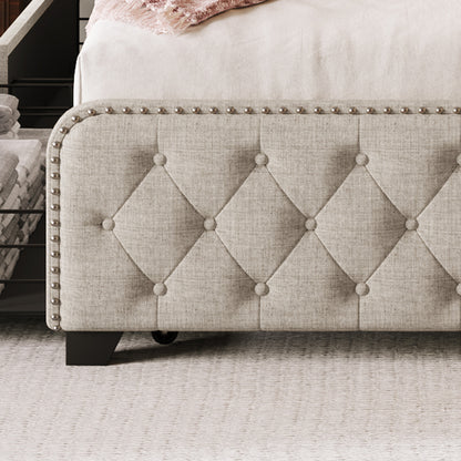 Upholstered Platform Bed Frame with Four Drawers, Beige