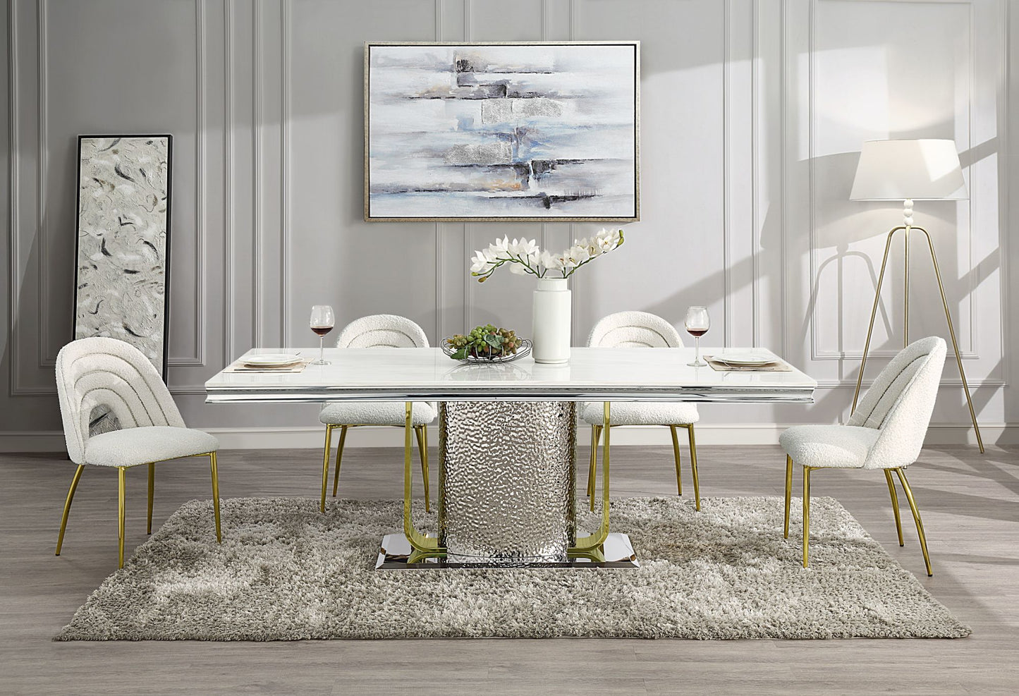 acme fadri dining table, engineering marble, mirrored silver & gold finish