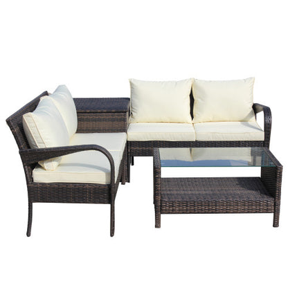 4 Piece Wicker Rattan Sofa Set with Storage Box Brown