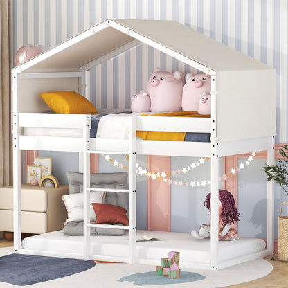 Twin Over Twin Bunk Bed Wood Bed with Tent