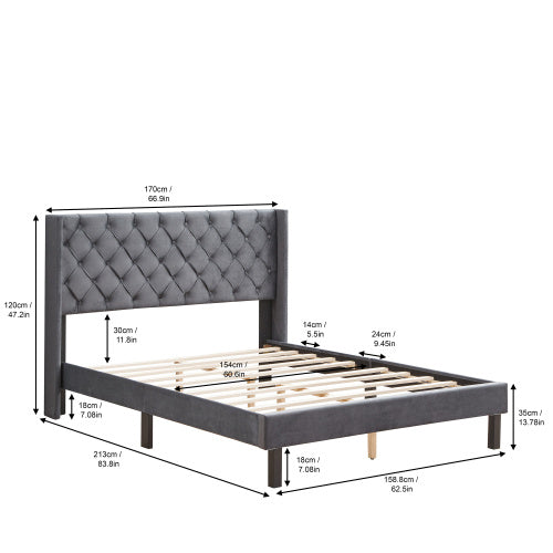 linen button tufted-upholstered bed with curve design