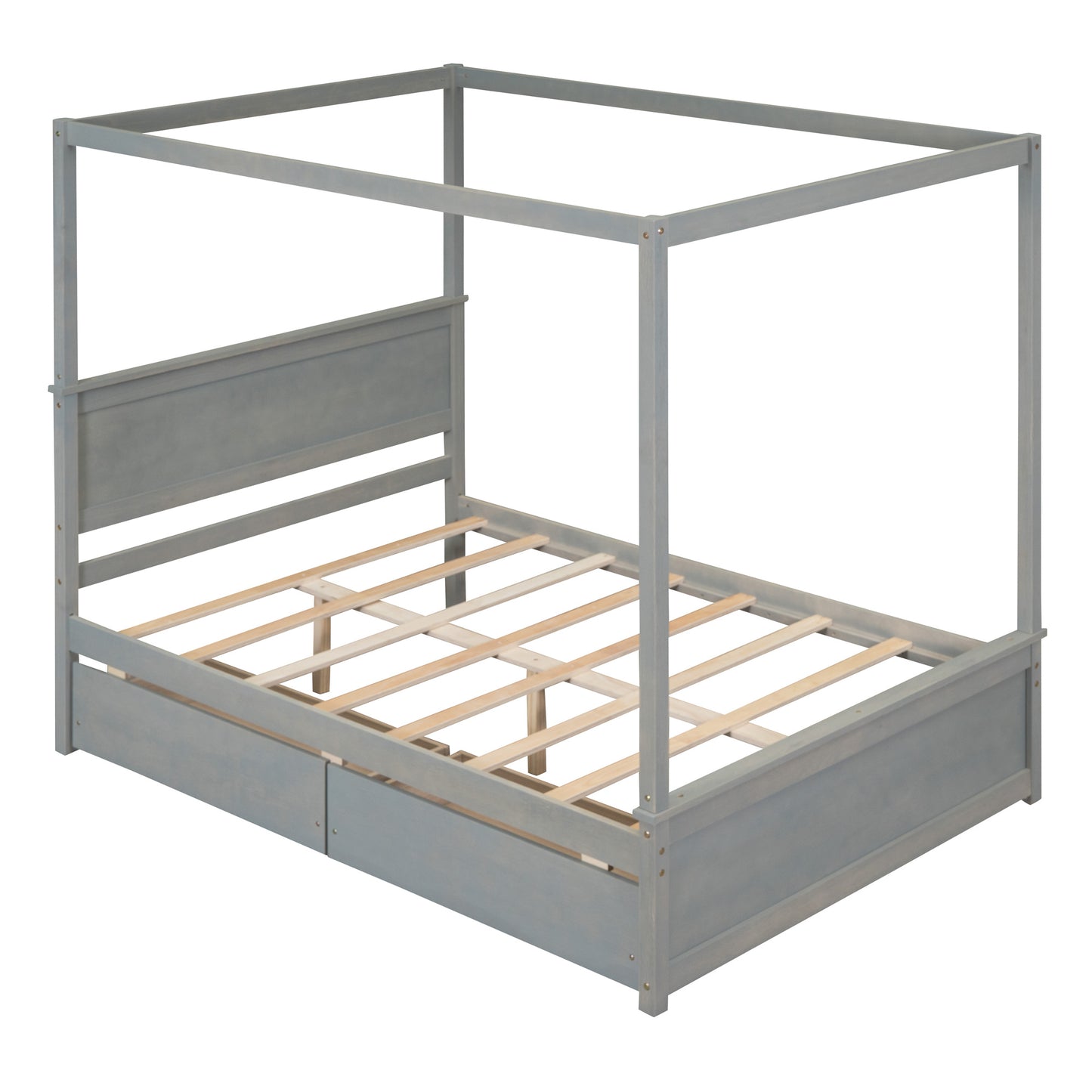wood canopy bed with two drawers, grey