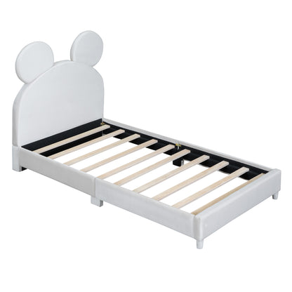 Upholstered Bed with Bear Ear Shaped Headboard, Beige
