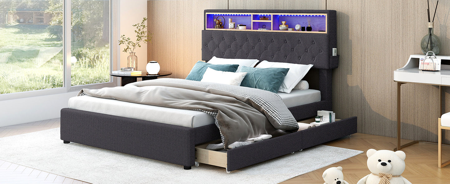 full size upholstered bed with storage headboard, led, usb charging and 2 drawers, dark gray
